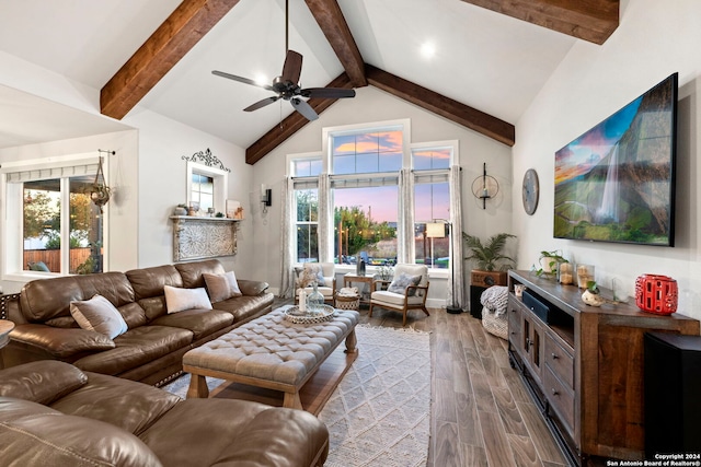 living room with beamed ceiling, ceiling fan, high vaulted ceiling, and dark hardwood / wood-style flooring