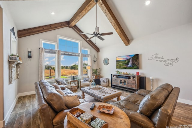 living room featuring beam ceiling, hardwood / wood-style floors, high vaulted ceiling, and ceiling fan