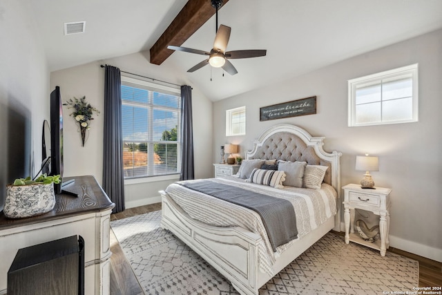 bedroom featuring ceiling fan, lofted ceiling with beams, and light hardwood / wood-style flooring