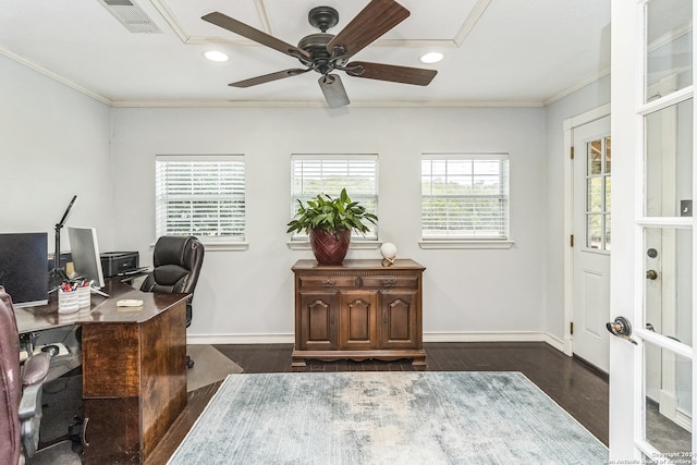 home office with crown molding, dark wood-type flooring, and ceiling fan