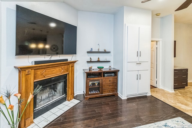 living room with wood-type flooring and ceiling fan