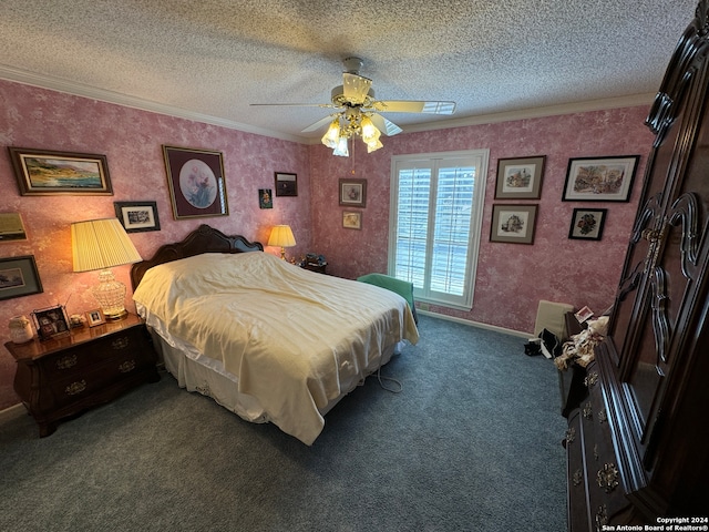 bedroom with dark colored carpet, a textured ceiling, ceiling fan, and ornamental molding