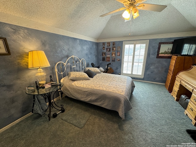 bedroom with carpet flooring, ceiling fan, a textured ceiling, and vaulted ceiling