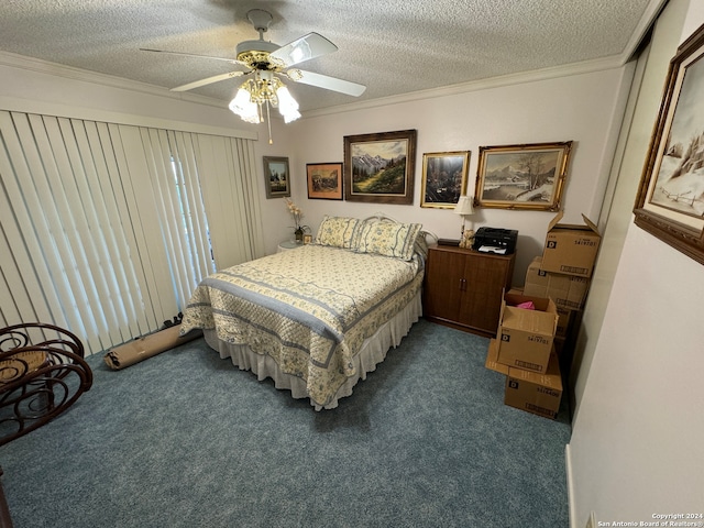 carpeted bedroom featuring a textured ceiling, ceiling fan, and ornamental molding