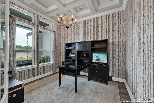 1207 Game Trl, New Braunfels, TX 78132 - office with wallpapered walls, ornamental molding, baseboards, a chandelier, and wood finished floors
