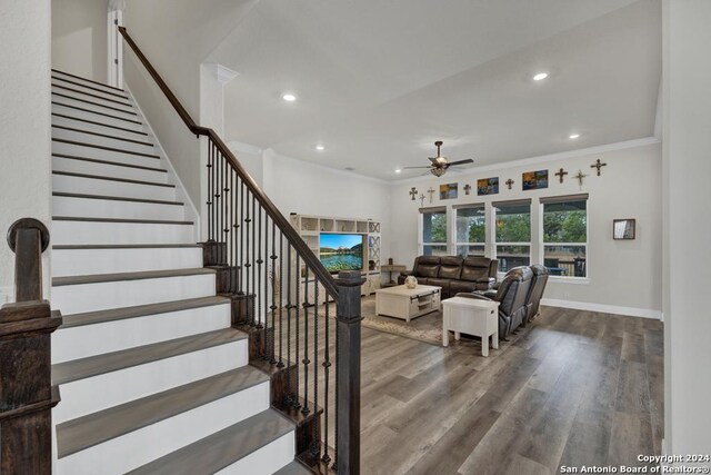 1207 Game Trl, New Braunfels, TX 78132 - kitchen featuring appliances with stainless steel finishes, ornamental molding, light countertops, glass insert cabinets, and white cabinets