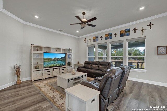 1207 Game Trl, New Braunfels, TX 78132 - living room with ceiling fan, wood finished floors, ornamental molding, recessed lighting, and baseboards