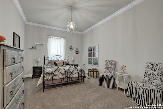 bedroom with baseboards, carpet, an inviting chandelier, and crown molding