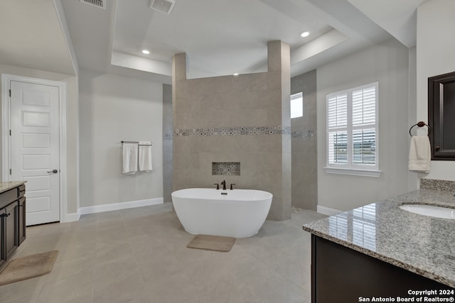 full bath with baseboards, visible vents, vanity, a walk in shower, and recessed lighting