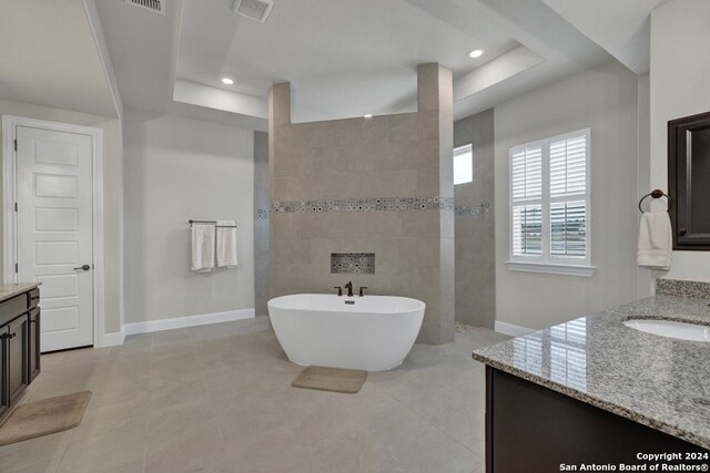 1207 Game Trl, New Braunfels, TX 78132 - bathroom with vanity, a tray ceiling, baseboards, and recessed lighting