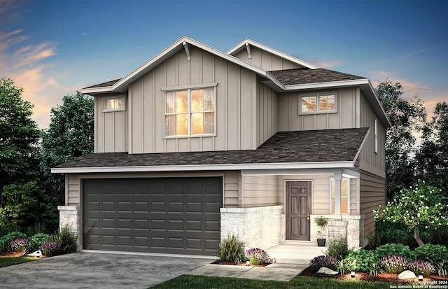 view of front of home featuring board and batten siding, driveway, roof with shingles, a garage, and stone siding