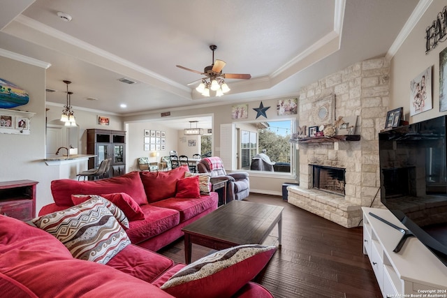1138 Royal Eagle, Fischer, TX 78623 - living room featuring a fireplace, visible vents, plenty of natural light, and crown molding