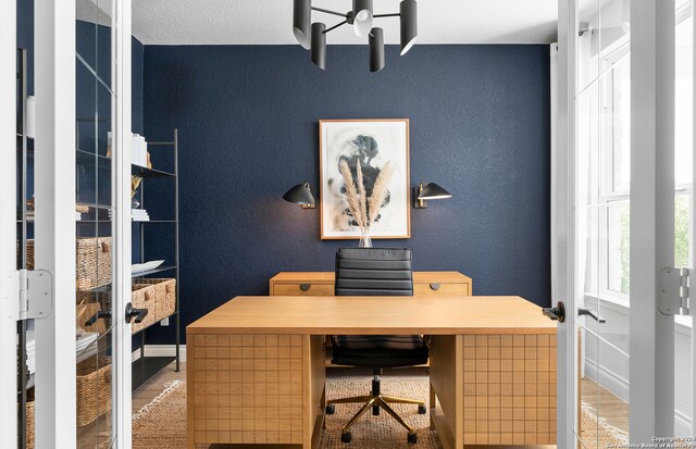 office space featuring french doors and wood-type flooring