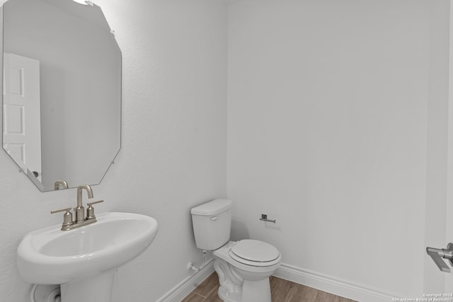 bathroom with toilet, sink, and wood-type flooring