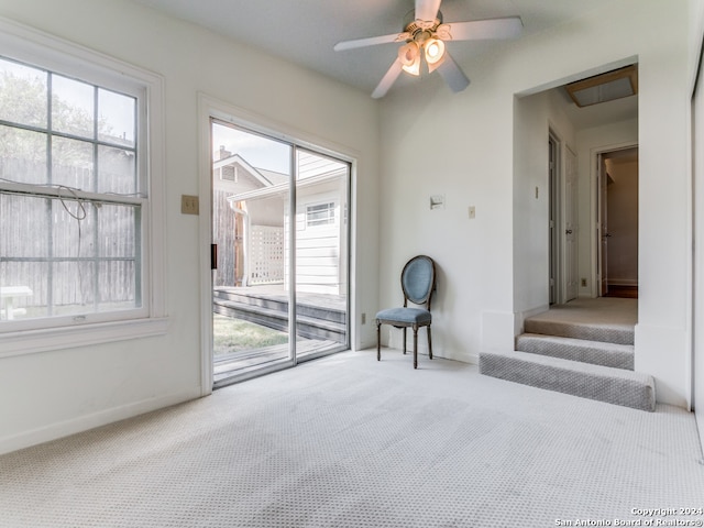 empty room featuring ceiling fan and light colored carpet