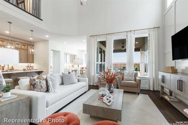 living room featuring dark hardwood / wood-style flooring and a towering ceiling