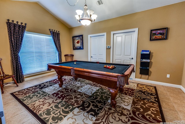 30 Wildwood Dr Unit 173, Georgetown, TX 78643 - game room with lofted ceiling, light tile patterned floors, visible vents, a chandelier, and pool table