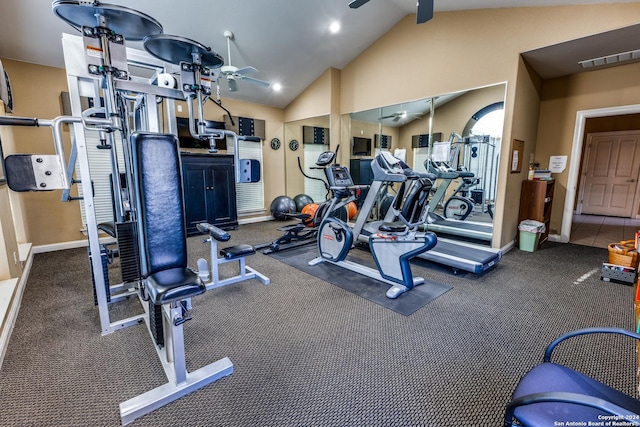 30 Wildwood Dr Unit 173, Georgetown, TX 78643 - gym with a ceiling fan, visible vents, vaulted ceiling, and baseboards