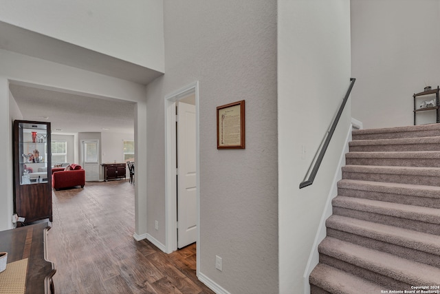 stairway featuring a textured ceiling and wood-type flooring