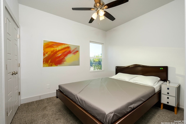 carpeted bedroom featuring ceiling fan