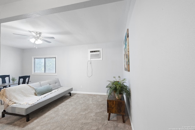 living room featuring a wall unit AC, ceiling fan, and light colored carpet