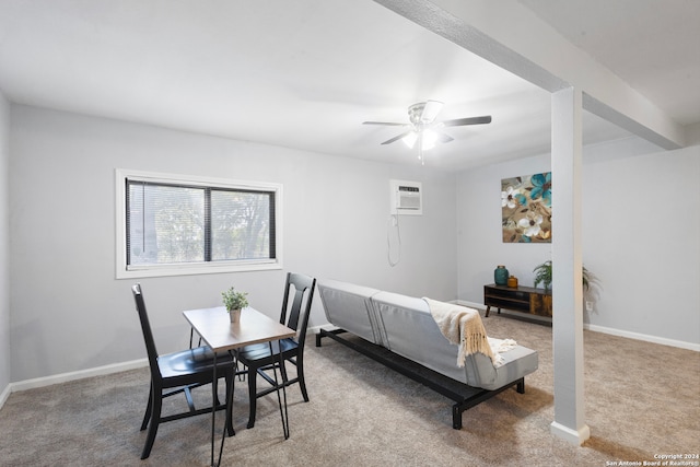 living room with light carpet and ceiling fan