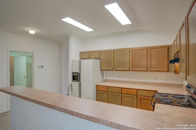 kitchen featuring lofted ceiling, extractor fan, white fridge with ice dispenser, crown molding, and electric range