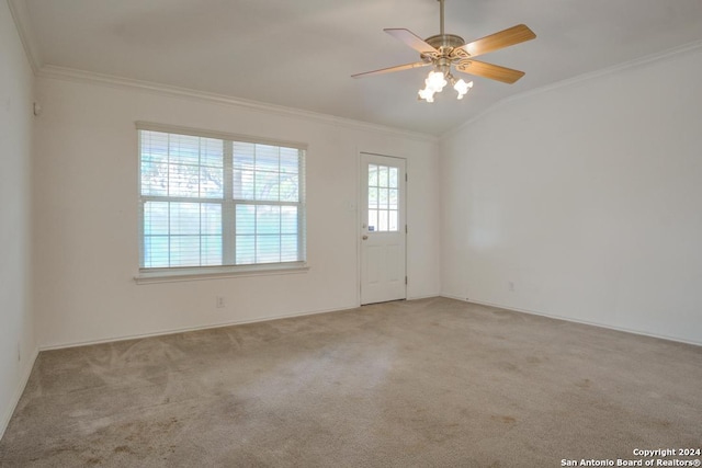 carpeted empty room with crown molding and ceiling fan