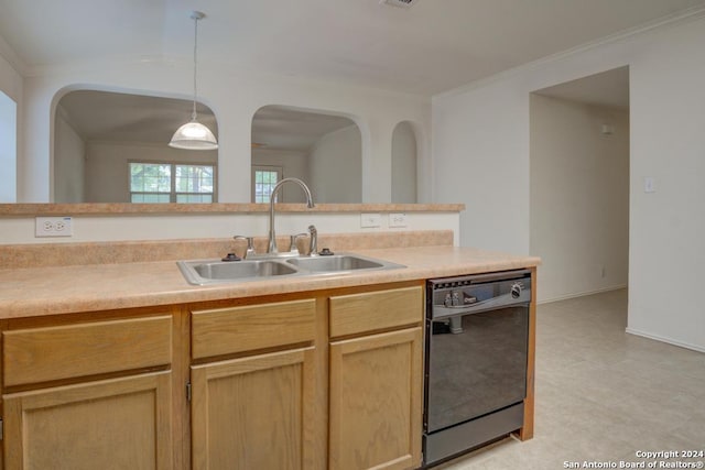 kitchen with light brown cabinets, black dishwasher, ornamental molding, sink, and decorative light fixtures