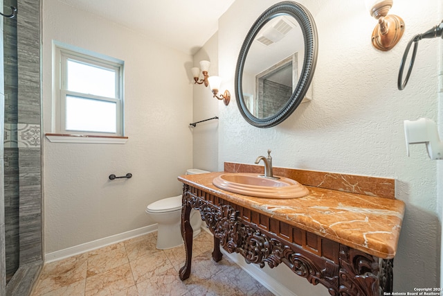 bathroom with vanity, vaulted ceiling, and toilet