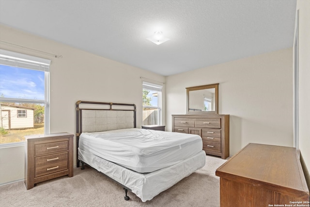 carpeted bedroom with a textured ceiling