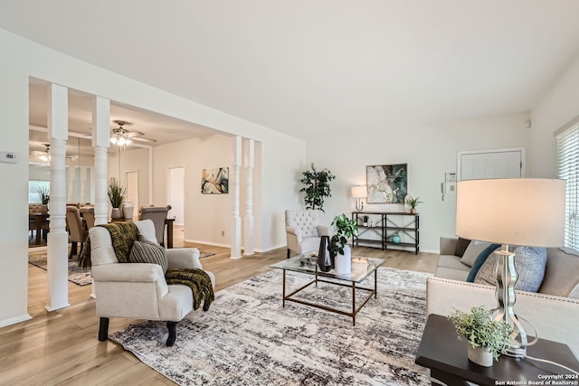 living room with ceiling fan and light wood-type flooring