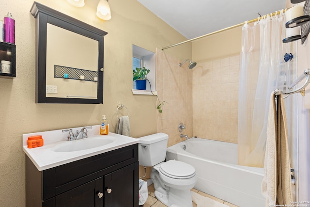 full bathroom featuring vanity, tile patterned floors, toilet, and shower / bathtub combination with curtain