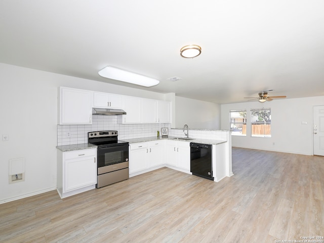 kitchen with stainless steel range with electric stovetop, dishwasher, sink, light wood-type flooring, and white cabinetry