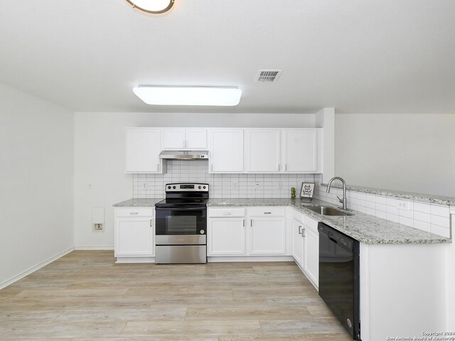 kitchen with electric range, dishwasher, a sink, under cabinet range hood, and white cabinets