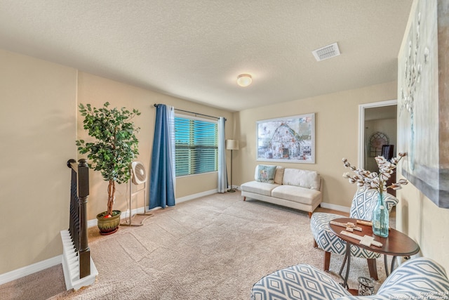 carpeted living room with a textured ceiling