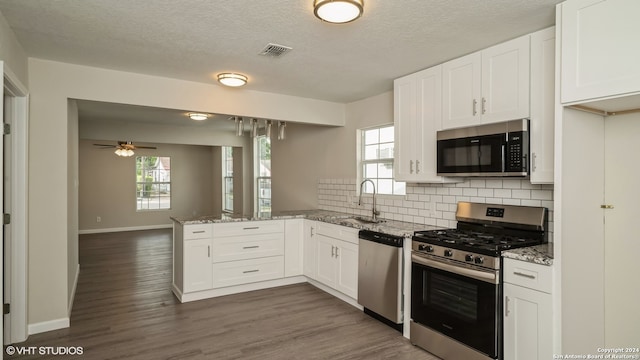 kitchen with white cabinetry, stainless steel appliances, sink, and kitchen peninsula