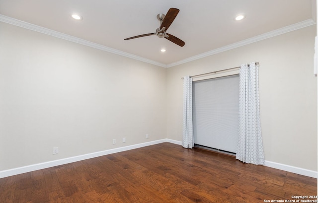 unfurnished bedroom with ceiling fan, ornamental molding, and dark hardwood / wood-style flooring