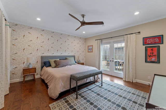 bedroom with ceiling fan, access to outside, crown molding, dark hardwood / wood-style floors, and french doors