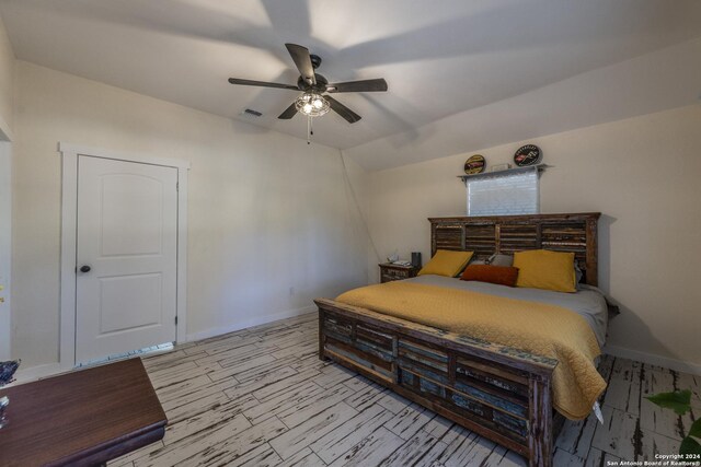 1627 Forest Lake Dr, Spring Branch, TX 78070 - bedroom with wood finished floors, visible vents, baseboards, and ceiling fan