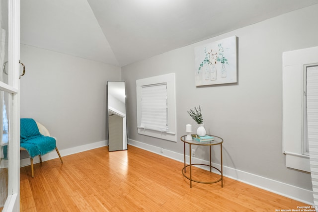 living area with lofted ceiling and wood-type flooring