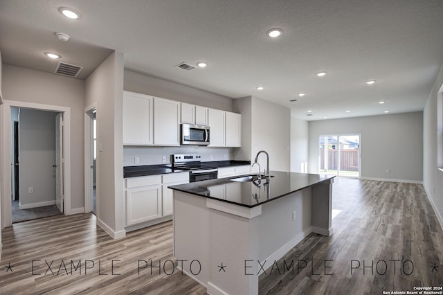 kitchen with white cabinetry, stainless steel appliances, sink, and a center island with sink