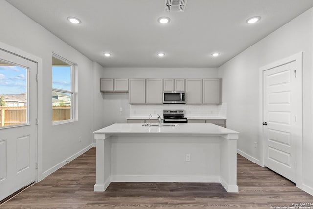 10719 Gilmore Gdn, San Antonio, TX 78109 - kitchen featuring gray cabinetry, visible vents, stainless steel appliances, and decorative backsplash