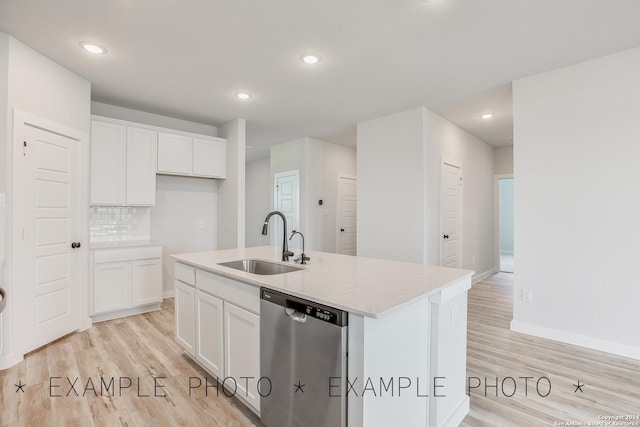 kitchen featuring white cabinetry, dishwasher, sink, and a center island with sink