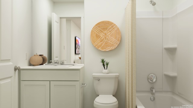 full bathroom with shower / bath combo with shower curtain, toilet, and vanity