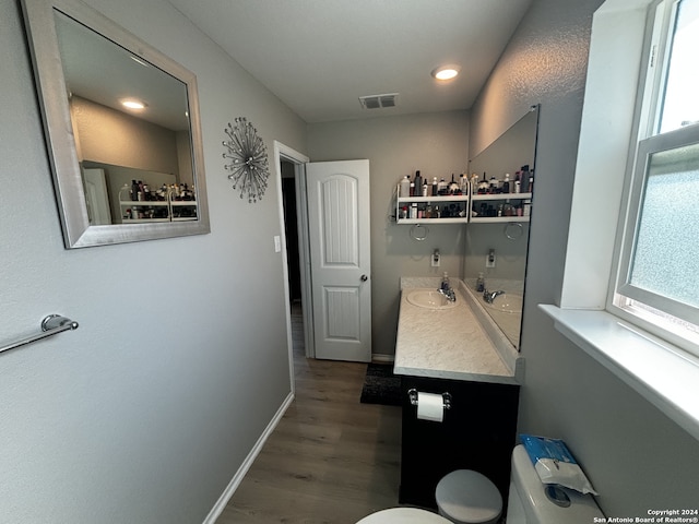 bathroom featuring vanity, hardwood / wood-style flooring, and toilet