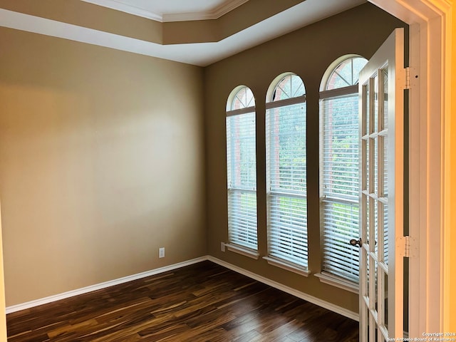 unfurnished room with dark wood-type flooring and crown molding