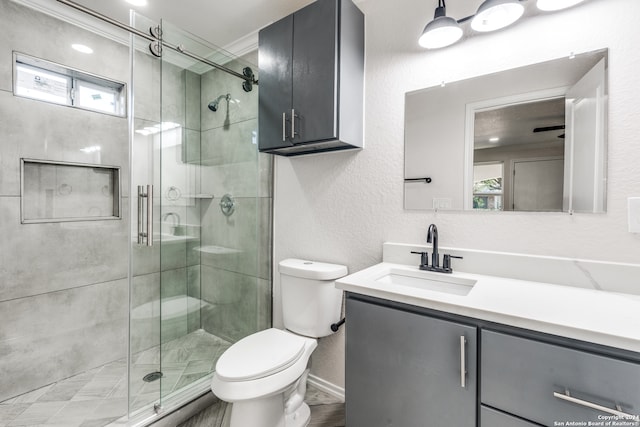 bathroom with vanity, a shower with shower door, a healthy amount of sunlight, and toilet