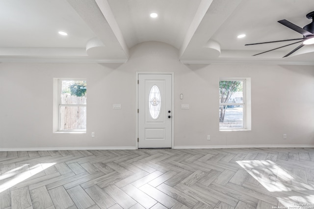 entryway featuring ceiling fan and light parquet flooring