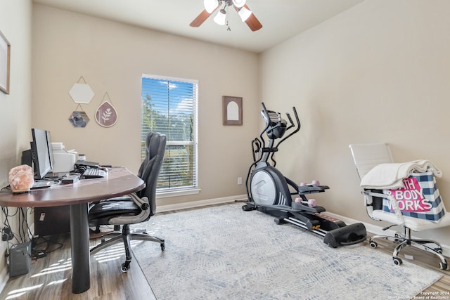 home office with ceiling fan and hardwood / wood-style floors